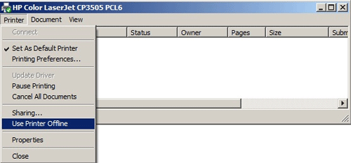 Printer Status Windows - Uncheck Use Offline
